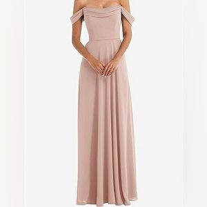 OFF-THE-SHOULDER DRAPED NECKLINE MAXI DRESS IN TOASTED SUGAR (Dessy Group)